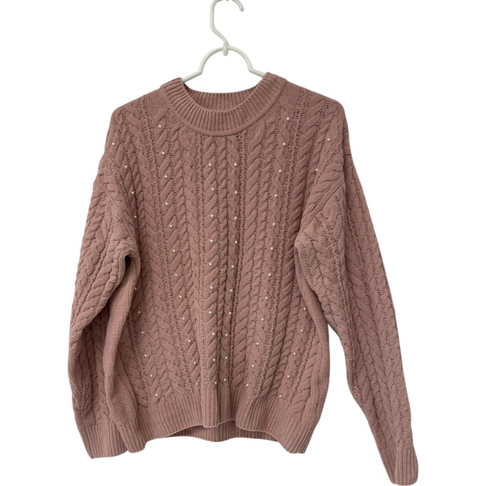 Cynthia Rowley Cable Knit Sweater Pink Womens Size M Pullover Vintage Beaded